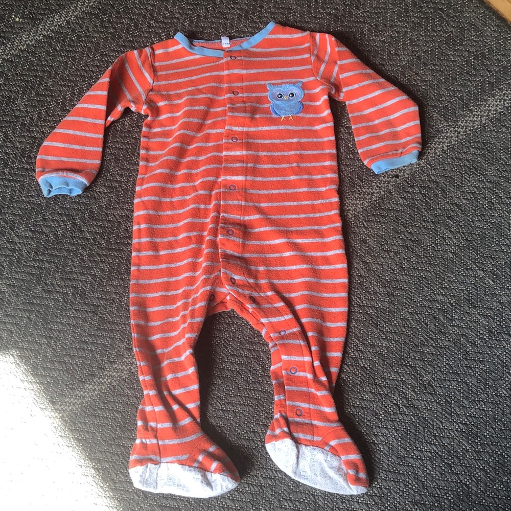 Orange & Gray Striped Footed Baby One-Piece with Blue Owl Accent